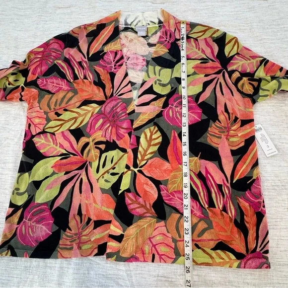 NWT Chico's Vibrant Leaf Pattern Cardigan - Pink, Green, Orange Size XL - Picture 9 of 11